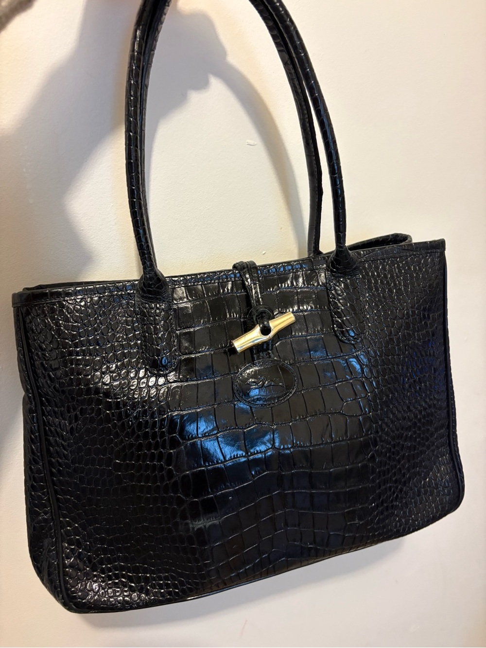 Longchamp Black Roseau Croc-Embossed Tote